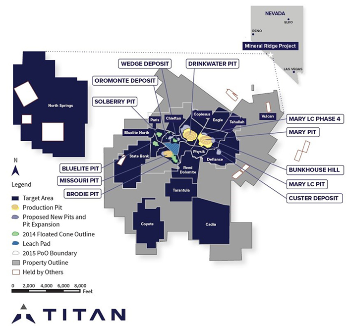 Mineral Ridge highlighting areas of previous mining, planned mining and exploration target areas.