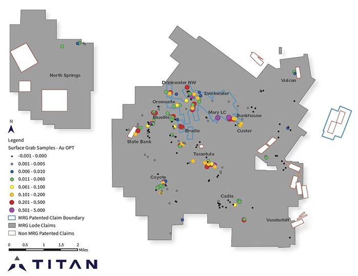 Limited surface rock chip sampling results for the Mineral Ridge claims.